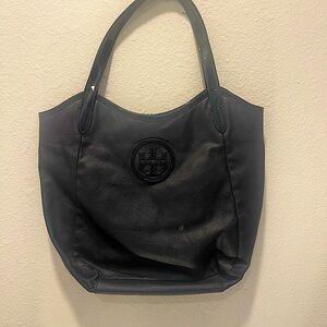 Tory Burch Black Dipped Canvas Stacked T Logo Double Handle Tote Bag Purse